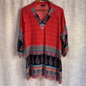 Tolani Silk Mixed Print Paisley Red Blue Tunic Top Size Medium